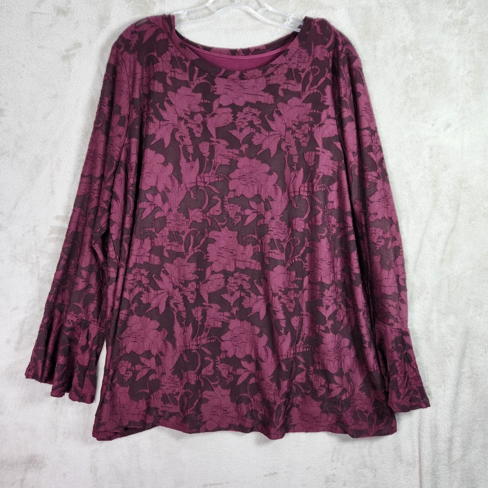 Susan Graver Blouse Womens XL Raisin Wine Burnout Top Flounce Sleeves A703217